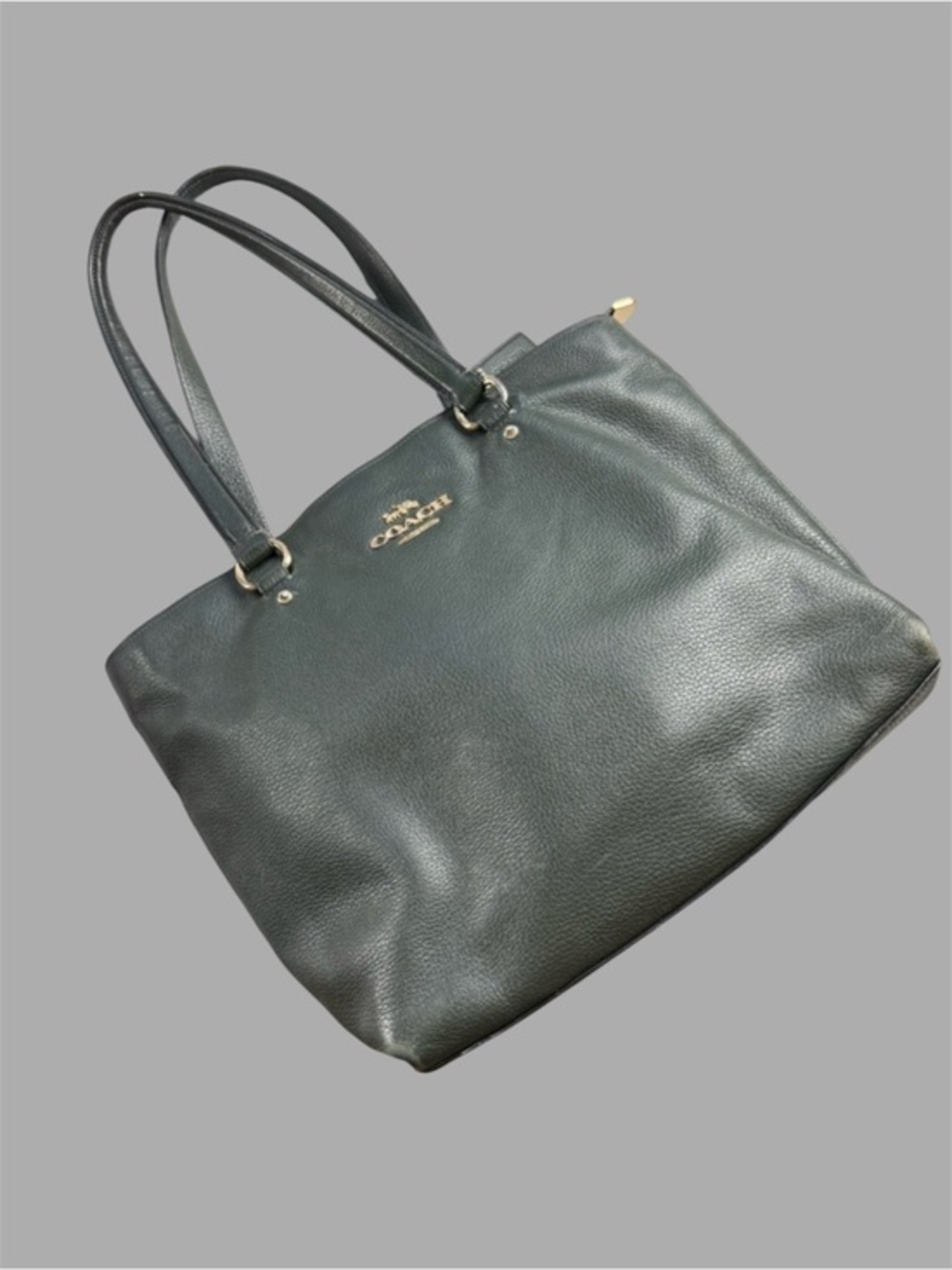 Coach Pebbled Leather Zip Top Tote Shoulder Bag Dark Green Gold Hardware